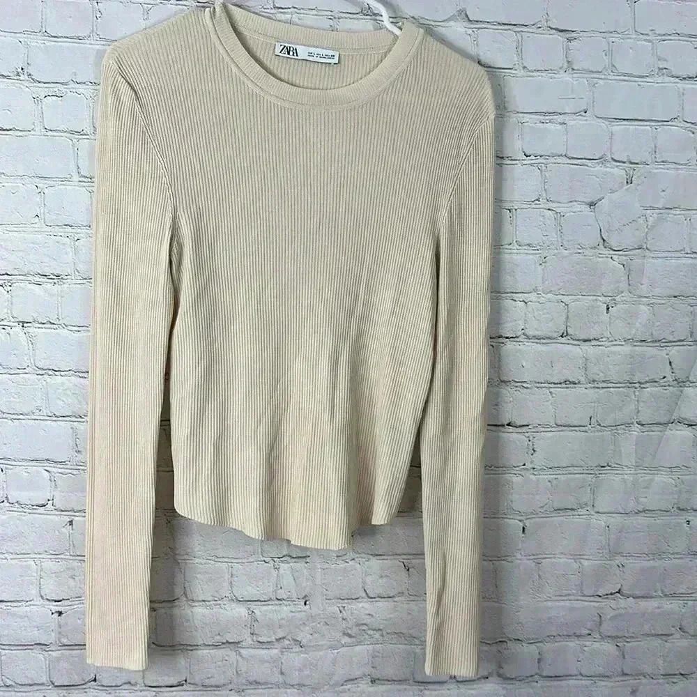 Zara Ribbed Short T-Shirt Off-White size L
